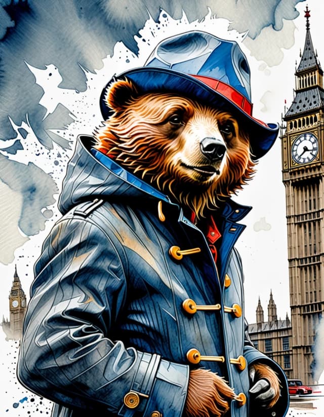 A masterpiece. Style: portrait watercolor painting. Depiction of Paddington Bear in a traditional English bear hat and a blue jacket, against the backdrop of Big Ben. High quality. High resolution. Increased attention to fine details and texture. Artist: Russ Mills. Aspect ratio: 3:4. az