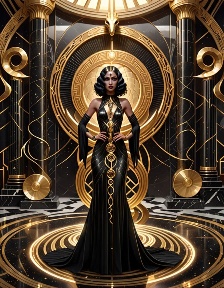 A mysterious woman in a luxurious black Art Deco gown stands inside an opulent occult hall, holding a magnificent golden serpent with intricately crafted metallic scales. The serpent forms an elegant spiral around her arms. Behind her is a huge geometric golden circle resembling both a solar disc and an ancient mystical symbol. Black marble columns and mirrors on both sides reflect the golden light. An elaborate geometric pattern covers the floor. Her expression is calm and hypnotic. Luxury, mystery and symbolism, 1920s aesthetic, black and gold palette, deep shadows, cinematic lighting, photorealistic, vertical format.