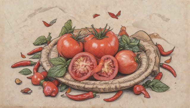 старая бумага.  Tomatos, basilik, chilli peppers