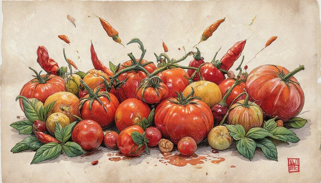 старая бумага.  Tomatos, basilik, chilli peppers