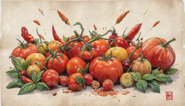 старая бумага.  Tomatos, basilik, chilli peppers