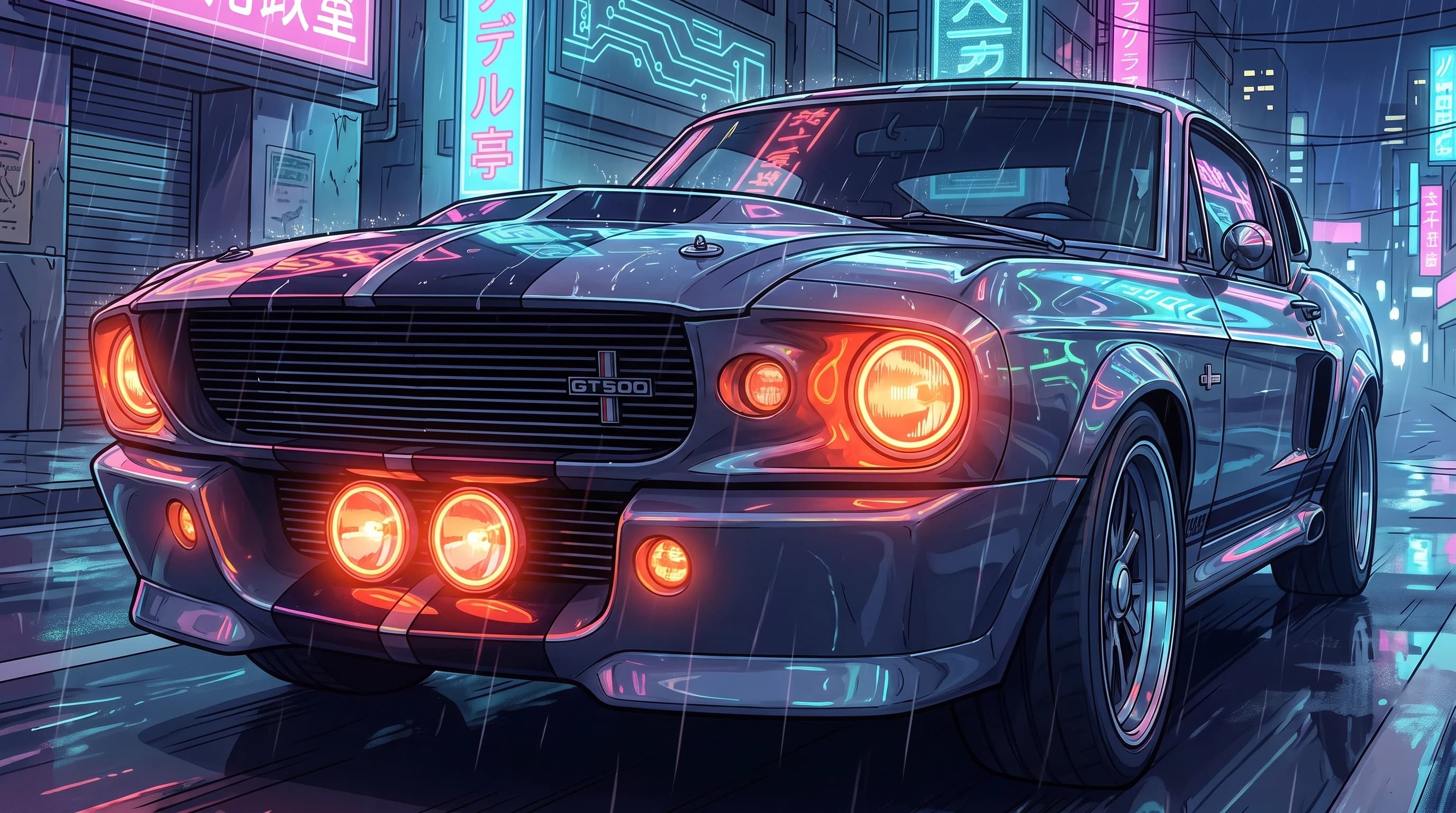 Ford Mustang Shelby GT500 1967 года, едет по дороге, эпичный ракурс, горящие фары, шедевр, крупный план, стиль аниме с реалистичными деталями, киберпанк,