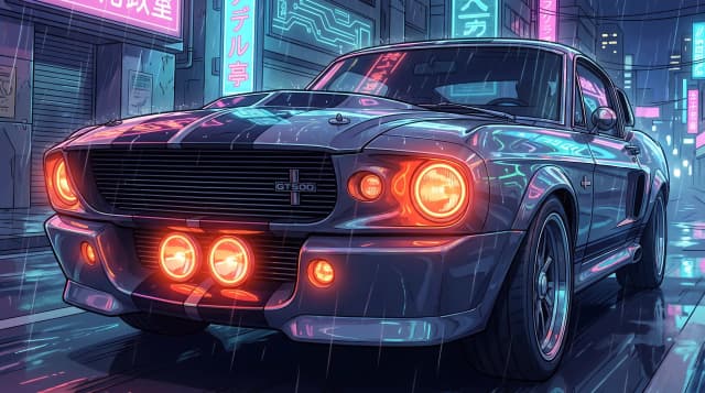 Ford Mustang Shelby GT500 1967 года, едет по дороге, эпичный ракурс, горящие фары, шедевр, крупный план, стиль аниме с реалистичными деталями, киберпанк,