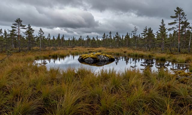 Фотореалистичный пейзаж дикой северной природы, запечатлевший безмятежное болото или мелководное озеро в пасмурный день. На переднем плане и в центре композиции раскинулась заболоченная местность с густыми зарослями высокой золотисто-зеленой травы и мха, сквозь которые проглядывает спокойная, зеркальная поверхность воды, в которой отражается небо. Посреди воды возвышается небольшой поросший мхом скалистый островок, а на заднем плане выстроилась тонкая линия стройных хвойных деревьев с высокими стволами, уходящих вглубь горизонта. Освещение характеризуется мягкостью и рассеянностью, проходя сквозь массивные, плотные кучевые облака и создавая приглушенную световую среду, лишенную резких контрастов и выраженных теней.. Цветовая палитра сдержанная и естественная, состоящая из глубоких оттенков оливкового, охры, приглушенного синего и серого. Снимок выполнен в стиле профессиональной пейзажной фотографии с высокой детализацией текстур воды, травы и коры деревьев, передавая атмосферу уединения, меланхолии и первозданной тишины северного леса.