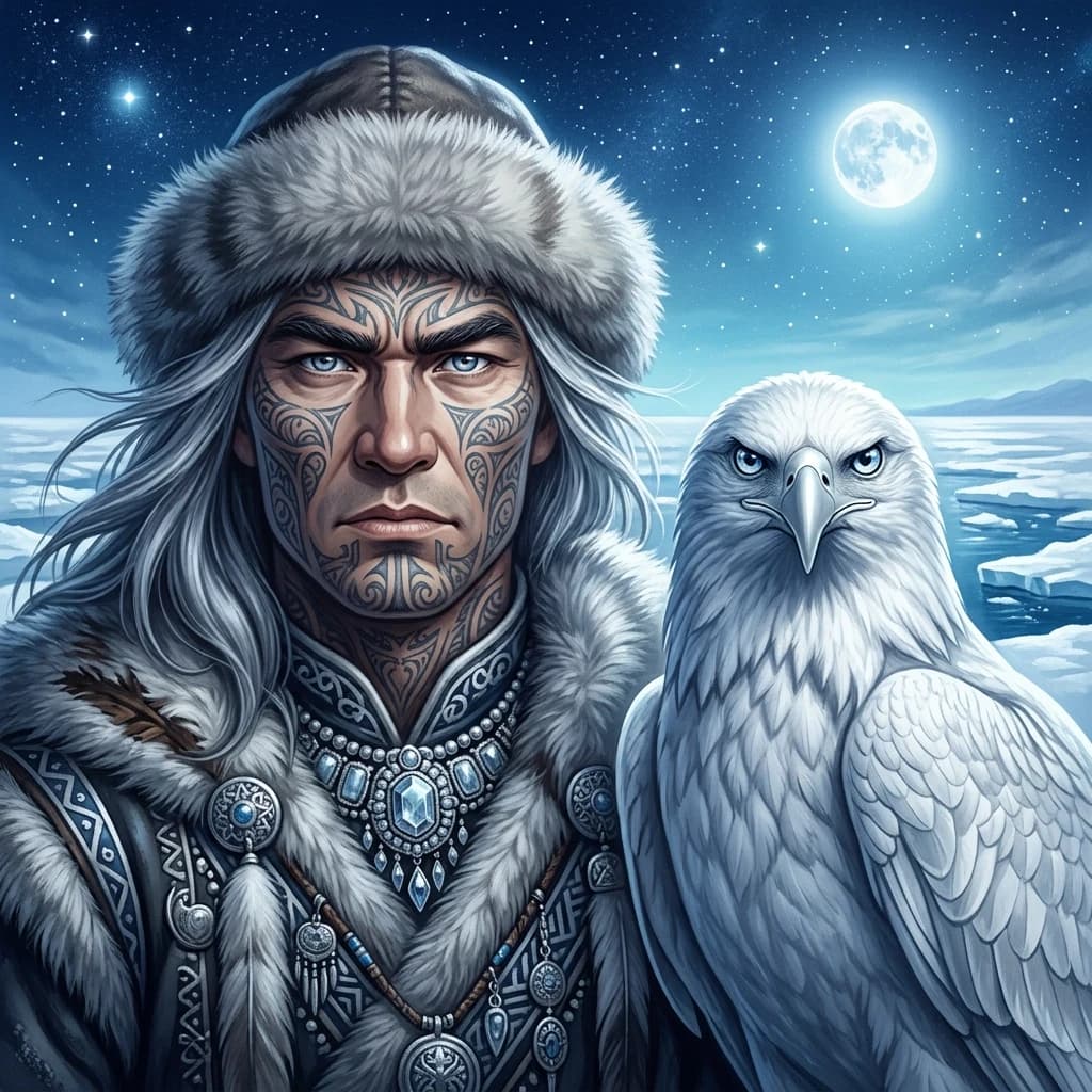 In the painting, we see a man with an eagle sitting next to him. The man looks stern and determined, with thick eyebrows and attentive silver-blue eyes.  Ice floes and snow will be reflected in his eyes. His hair is ash-silver, long, and slightly windblown. He is dressed in traditional clothes with fur elements, decorated with patterns and pendants. She wears a fur-trimmed hat and a massive jeweled necklace. The man's face is covered with tattoos, which emphasizes his connection with nature. The eagle is a powerful predator with a silvery—white beak and snow-white plumage. His eyes reflect the sky and the glitter of ice. He's looking straight ahead, like he's ready to take off. This creates a sense of unity between man and nature.
The background is a winter landscape with a starry sky and a bright moon. Style:winter fantasy art, fairy tale, subtle textures and shadows create a sense of depth. The inner light. High quality, 4k, sophisticated detail. Object tracing: rotation, mirror image, tilt, perspective. (Color): Dark blue, light blue, white.
