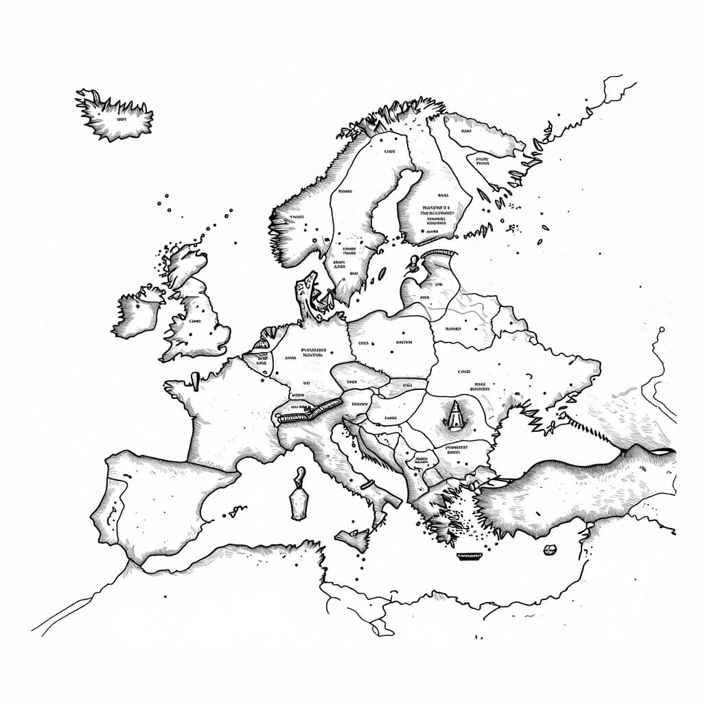 2D top-down authentic gritty dark fantasy large-scale strategic nautical map, high-detail medieval woodcut style, inspired by Tainted Grail: Fall of Avalon. Pure white background with sharp, ultra-thin black outlines, strictly no frame, no borders, no fills, no gradients, clean line art. The sea area is rendered with realism, using fine vintage wave etching:1, strictly no shipping lanes, strictly no sea routes, strictly no surrounding islands, strictly no sea creatures. Sharp, realistic coastlines feature minimal, clean traditional dark fantasy cartography outline hatching to ensure clarity. The map depicts one single massive continent island, rendered as a detailed hand-drawn topography layout where numerous tiny points of interest are randomly scattered across its diverse territories, leaving plenty of empty space between them. The island features multiple randomly scattered landmarks divided by distinct biomes including Volcanoes:1, Frozen Fortresses:1, Megalithic Castle Ruins:1, Ruined Castles:2, Sunken Ruins:2, Glacial Rivers:2, Overgrown Temples:2, Abandoned Cathedrals:2, Ancient Altars:3, Swamps:3, Ice Caves:3, Ice Canyons:3, Cursed Monoliths:3, Caves:4, Burnt Forests:4, Wooden Bridges:4, Stone Obelisks:4, Rope Bridges:4, Ritual Altars:4, Lone Watchtowers:4, Deserted Villages:4, Plagued Dungeons:4, Execution Grounds:4. Every object, terrain line, and topographic feature is rendered exclusively as a hollow, high-contrast gritty medieval engraving line. Strictly zero solid black blocks, strictly zero text words, highly detailed masterwork.
