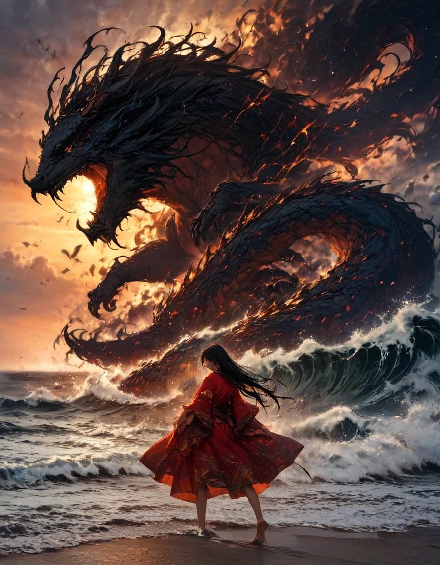 Digital Art, Fantasy Book Cover, Mysterious Atmosphere, High Detail, 8k

Сюжет: Девушка с длинными черными волосами в красном кимоно
Фон: Волны моря, бьющиеся о берег; небо окрашено в теплые оттенки заката (желтый, оранжевый).
Элементы: В центре композиции — силуэт огромного мифического существа дракона чьи перья/плавники напоминают волны. Его контуры должны быть едва различимы, создавая ощущение загадочности.
Стиль: Иллюстративная графика с мягкими линиями и яркими цветами. Эффект «иллюстрации из сказки»