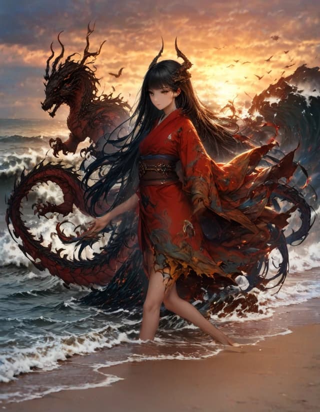 Digital Art, Fantasy Book Cover, Mysterious Atmosphere, High Detail, 8k

Сюжет: Девушка с длинными черными волосами в красном кимоно
Фон: Волны моря, бьющиеся о берег; небо окрашено в теплые оттенки заката (желтый, оранжевый).
Элементы: В центре композиции — силуэт огромного мифического существа дракона чьи перья/плавники напоминают волны. Его контуры должны быть едва различимы, создавая ощущение загадочности.
Стиль: Иллюстративная графика с мягкими линиями и яркими цветами. Эффект «иллюстрации из сказки»