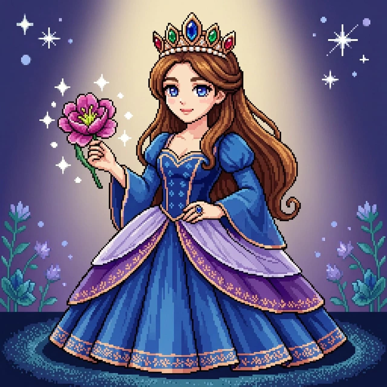 32-bit pixel art, fantasy princess, flowing gown, intricate crown, holding a flower, serene expression, vibrant colors
