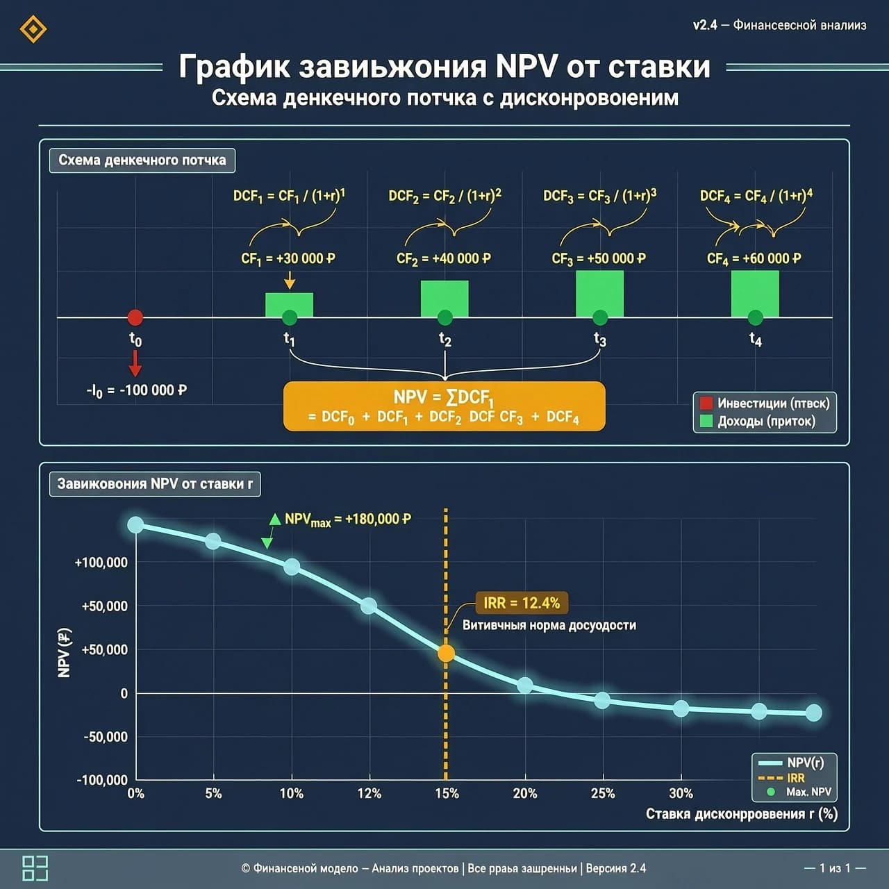 Сгенерируй картинку разрешения 200 на 900: схема денежного потока с выделенными этапами дисконтирования / график зависимости NPV от ставки