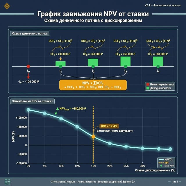 Сгенерируй картинку разрешения 200 на 900: схема денежного потока с выделенными этапами дисконтирования / график зависимости NPV от ставки