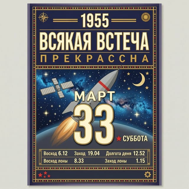 1955      В С Я К А Я   В С Т Р Е Ч А          |
|        П Р Е К Р А С Н А                 |
|                                       |
|                                                   |
|   М А Р Т                                         |
|                                                   |
|  33         СУББОТА                             |
|                                                   |
|                                                   |
|  Восход 6.12   Заход 19.04    Долгота дня 12.52   |
|                                                   |
|  Восход луны 8.33          Заход луны 1.15 

НА ЗАДНЕМ ФОНЕ ТЕМА КОСМОСА 1960-Х