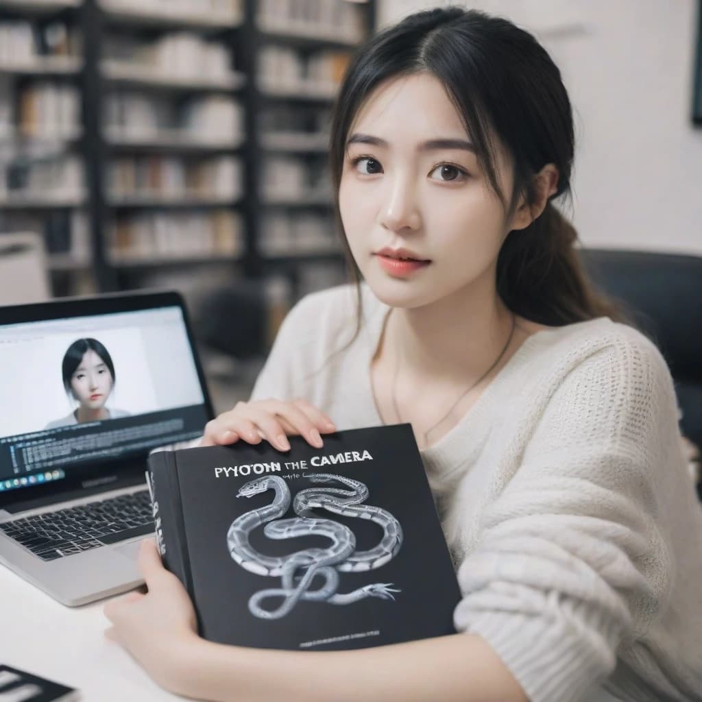 Photorealistic girl presenting a book titled “PYTHON” toward the camera, the book taking up a large part of the frame, title fully readable and centered. Modern IT workspace, laptop with code on screen, cozy lighting, realistic photography, detailed hands and face, cinematic composition, ultra detailed, shallow depth of field, tech aesthetic.