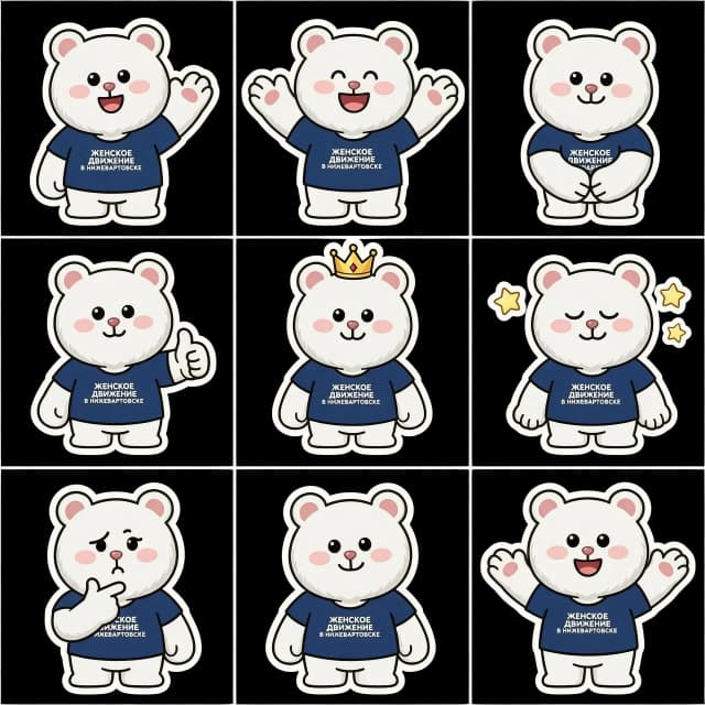 Sticker sheet 3x3 grid, 9 different stickers of the white teddy bear from the reference photo. The bear has soft white fur, small black eyes, and wears the exact same dark blue t-shirt with the white logo "ЖЕНСКОЕ ДВИЖЕНИЕ В НИЖНЕВАРТОВСКЕ". 4:5 aspect ratio. Cartoon sticker style, bright, clean, friendly, polished Telegram aesthetic. Each sticker has a thick white outline, individual silhouette, transparent background. 9 distinct expressive emotions without repetition: 1. Waving hello, 2. Pure joy, 3. Big smile, 4. Thumbs up, 5. Content/satisfied, 6. Wearing a golden crown, 7. Dreaming with eyes closed, 8. Thinking/puzzled with a paw on chin, 9. Approval/nodding. Exaggerated facial expressions, varied head angles and paw gestures. High consistency of character, clothing, and colors. No text, no watermark, no panels, clean cutout.
