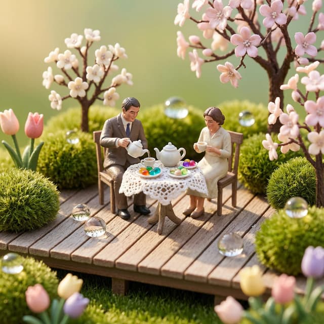 Extreme macro photography of a hyper-realistic miniature diorama: a cozy spring tea party on a tiny wooden veranda. The scene features tiny 1:87 scale model figures (HO scale) of a man, a woman, and a small child, captured in mid-conversation. The man is pouring "tea" from a fingernail-sized ceramic teapot, while the woman holds a microscopic teacup, and the child sits beside them. The veranda is meticulously crafted from weathered miniature wooden slats and delicate scraps of lace fabric.

The centerpiece is an exquisite miniature tea set: tiny porcelain cups, a rounded teapot, and plates filled with colorful glass beads acting as pastries and fruits. The surrounding environment is a lush, miniature spring garden: tufts of preserved green moss acting as bushes, tiny wire-and-paper trees adorned with microscopic petal blossoms, paper tulips the size of matchheads, and fine green flocking representing grass. Large, glistening dewdrop spheres sit near the figures, emphasizing the tiny scale.

Visual style: tilt-shift photography with an extremely shallow depth of field. Sharp, crisp focus on the central figures and the tea set, with a dreamy, creamy bokeh blurring the foreground and background into soft pastel washes. 

Lighting: Warm, golden hour sunlight streaming from the side, creating long, soft shadows and highlighting the intricate textures of the wood, fabric, and moss.

Color palette: Soft spring pastels—mint green, cream, pale rose, and lavender