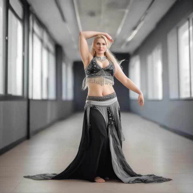 front view chubby belly dancer thirty years woman in black and grey and white costume blonde long ponytail hair stand in hall