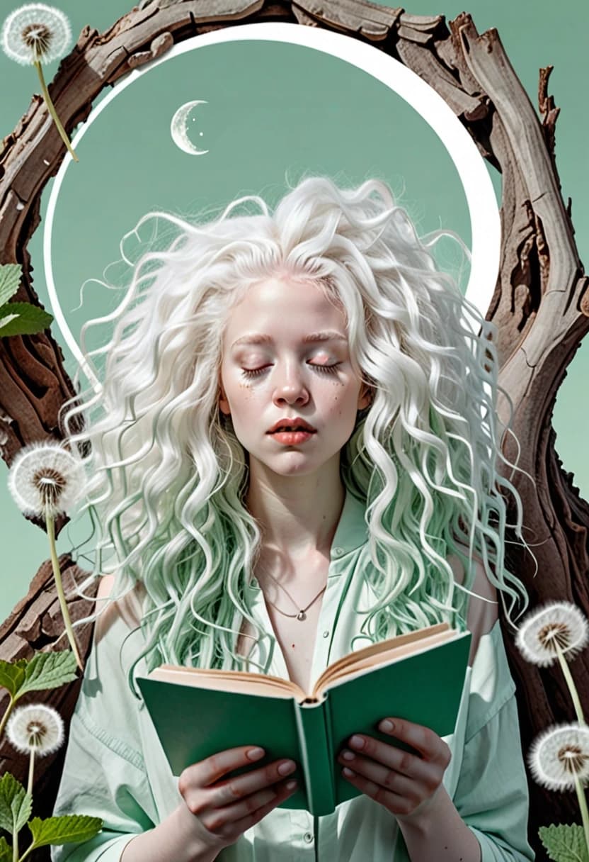 Description: Photorealistic detailed concept art in a minimalist style, various textures, stone and bark, aesthetic, attractive white albino woman looking down, mint lips, conceptual mint color and white, recording, really huge white hair curly hair white dandelion, perforated pages, French hairstyle, woman and giant mint crescent moon, mint background.