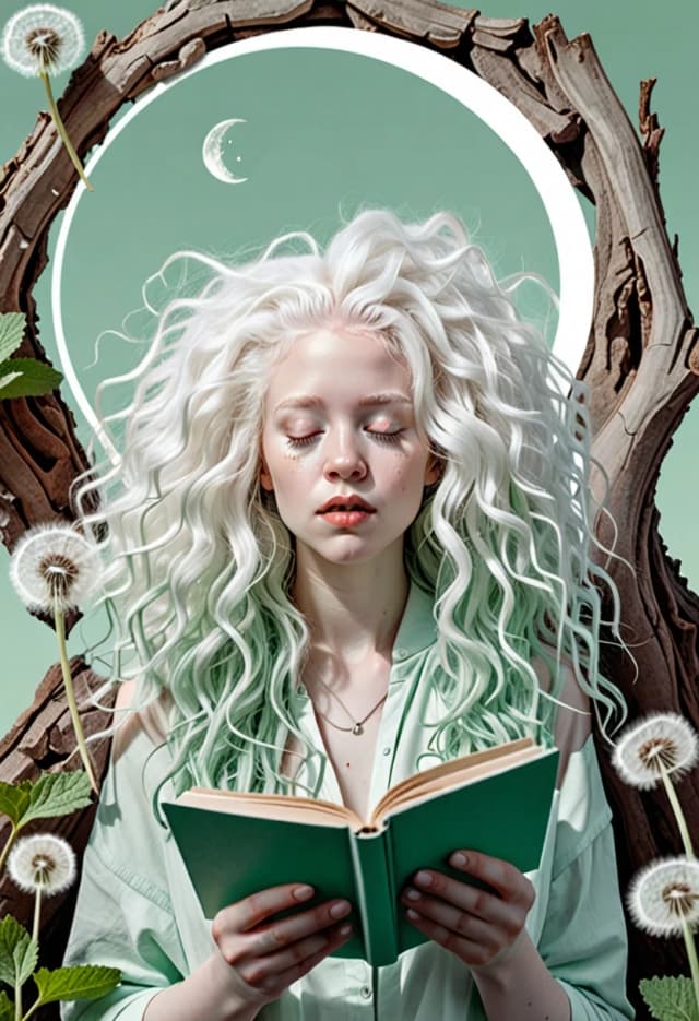 Description: Photorealistic detailed concept art in a minimalist style, various textures, stone and bark, aesthetic, attractive white albino woman looking down, mint lips, conceptual mint color and white, recording, really huge white hair curly hair white dandelion, perforated pages, French hairstyle, woman and giant mint crescent moon, mint background.