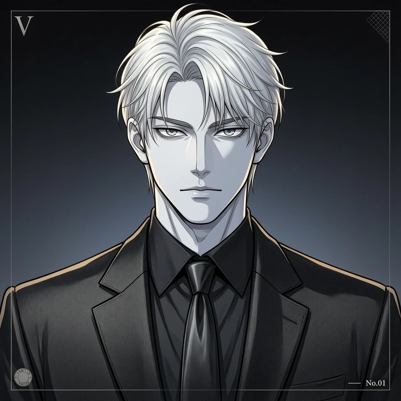 High-quality 2D digital anime art, webtoon style, manwha aesthetic. A stunningly handsome, dominant young alpha man with flawless pale skin and piercing, sharp light grey eyes. He has messy, textured platinum blonde hair with strands falling over his forehead. He is wearing a tailored pitch-black premium suit, a black dress shirt, and a neatly tied black silk tie. Elegant and cold look, high society aristocrat, powerful crime boss vibe. Upper body portrait, centered composition, moody cinematic lighting, strong contrast shadows, plain clean background. Masterpiece, ultra-detailed, aesthetic.
