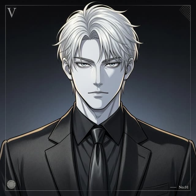 High-quality 2D digital anime art, webtoon style, manwha aesthetic. A stunningly handsome, dominant young alpha man with flawless pale skin and piercing, sharp light grey eyes. He has messy, textured platinum blonde hair with strands falling over his forehead. He is wearing a tailored pitch-black premium suit, a black dress shirt, and a neatly tied black silk tie. Elegant and cold look, high society aristocrat, powerful crime boss vibe. Upper body portrait, centered composition, moody cinematic lighting, strong contrast shadows, plain clean background. Masterpiece, ultra-detailed, aesthetic.