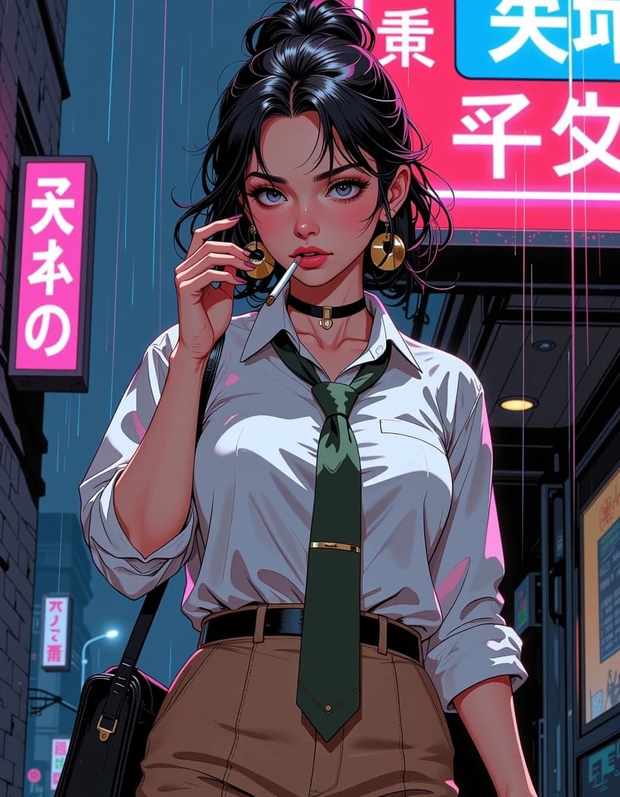 A masterpiece,  in the style of the 1980s, with bold lines, dynamic strokes and rich textures, on background with a touch of nostalgia, perhaps with subtle drawings inspired by cellulose and vintage, worn textures similar to paper, oil painting, Starfinder 2e setting, young cute female wearing secretary clothes, outside walking in the rain with neon lights in the background, smoking a cigarette, eyes are wide and rounded, hair done up, manga style. celshading, simple background