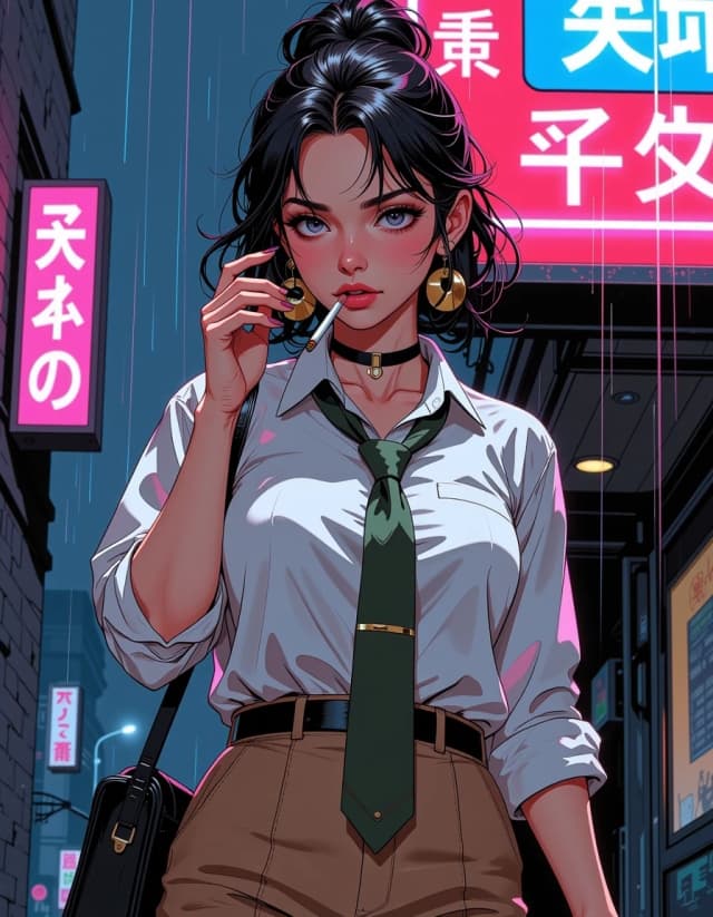 A masterpiece,  in the style of the 1980s, with bold lines, dynamic strokes and rich textures, on background with a touch of nostalgia, perhaps with subtle drawings inspired by cellulose and vintage, worn textures similar to paper, oil painting, Starfinder 2e setting, young cute female wearing secretary clothes, outside walking in the rain with neon lights in the background, smoking a cigarette, eyes are wide and rounded, hair done up, manga style. celshading, simple background