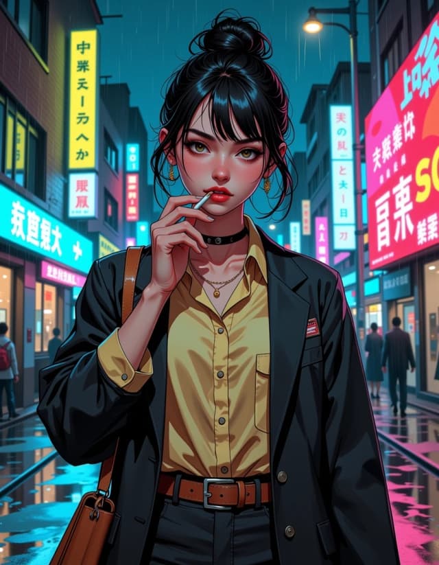 A masterpiece,  in the style of the 1980s, with bold lines, dynamic strokes and rich textures, on background with a touch of nostalgia, perhaps with subtle drawings inspired by cellulose and vintage, worn textures similar to paper, oil painting, Starfinder 2e setting, young cute female wearing secretary clothes, outside walking in the rain with neon lights in the background, smoking a cigarette, eyes are wide and rounded, hair done up, manga style. celshading, simple background
