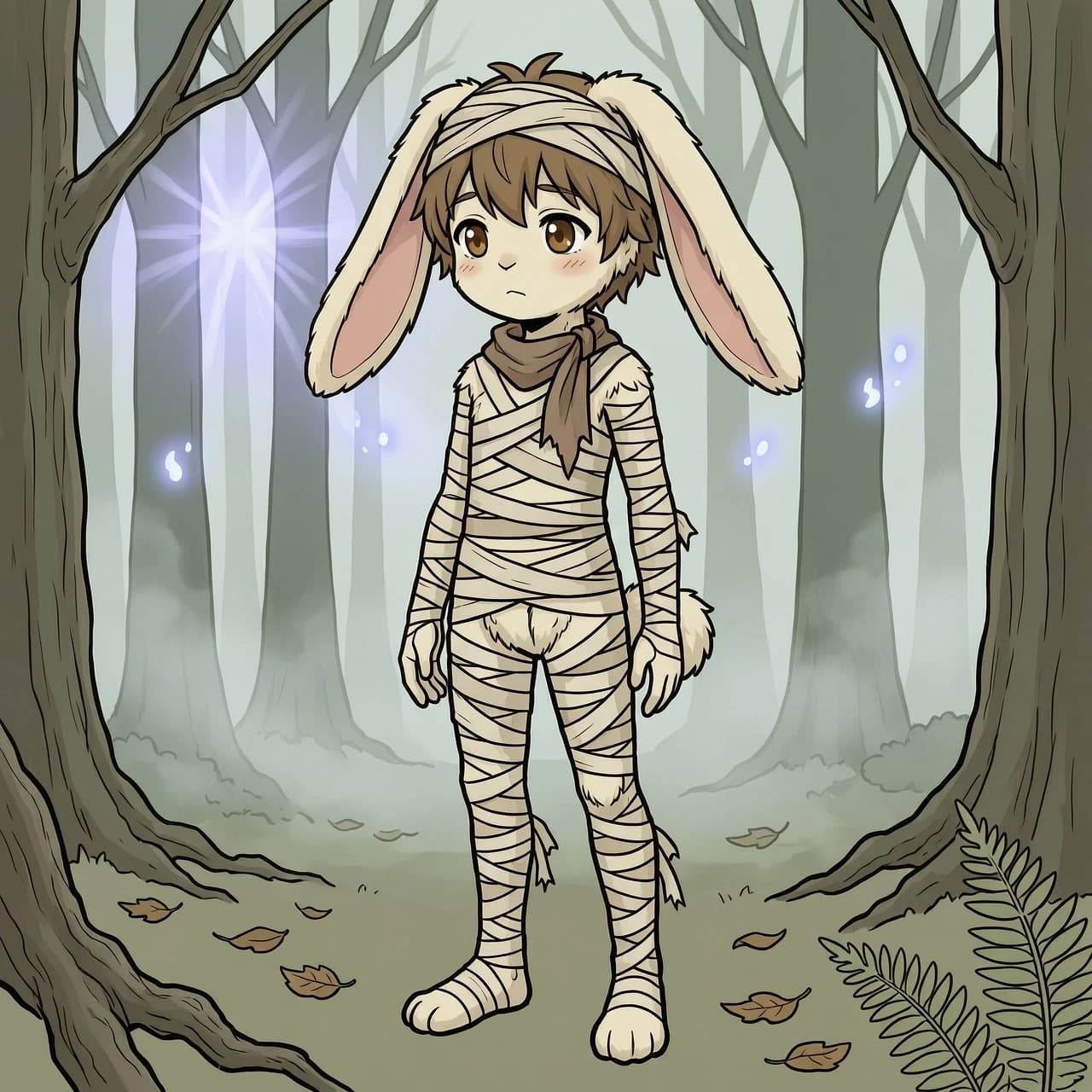 2D anime illustration, hand drawn art, thick black outlines, flat color shading, muted earthy palette. An anthropomorphic rabbit boy, tall and slender silhouette, long thin limbs, athletic physique. Fluffy furry head, big expressive eyes, long floppy rabbit ears, messy brown hair, small tail. **His body is covered exclusively in many layers of uneven, overlapping, chaotic beige bandages and rags wrapping around his main torso, as well as densely wrapping down his arms and down his legs. The bandages have loose, torn ends hanging off. A ragged cloth scarf is tied around his neck.** Small gaps between the fabric wraps reveal his fluffy natural fur. Standing upright in a misty forest, magical lighting, traditional ink linework, anime character concept art, vertical portrait --ar 2:3