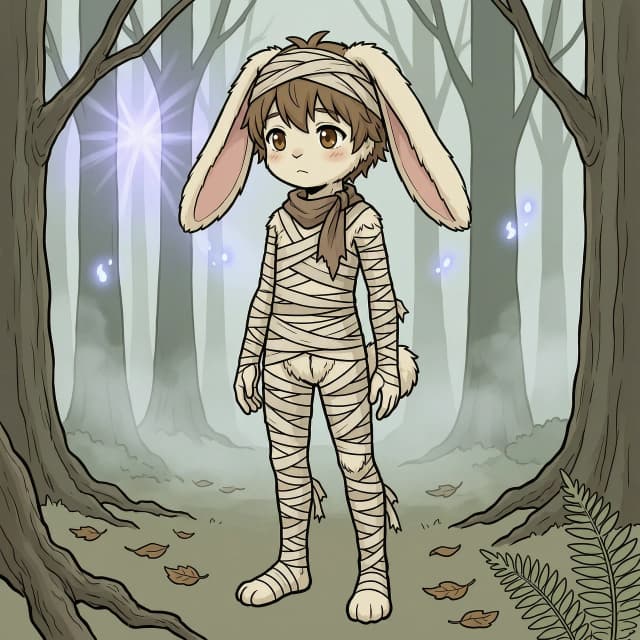 2D anime illustration, hand drawn art, thick black outlines, flat color shading, muted earthy palette. An anthropomorphic rabbit boy, tall and slender silhouette, long thin limbs, athletic physique. Fluffy furry head, big expressive eyes, long floppy rabbit ears, messy brown hair, small tail. **His body is covered exclusively in many layers of uneven, overlapping, chaotic beige bandages and rags wrapping around his main torso, as well as densely wrapping down his arms and down his legs. The bandages have loose, torn ends hanging off. A ragged cloth scarf is tied around his neck.** Small gaps between the fabric wraps reveal his fluffy natural fur. Standing upright in a misty forest, magical lighting, traditional ink linework, anime character concept art, vertical portrait --ar 2:3