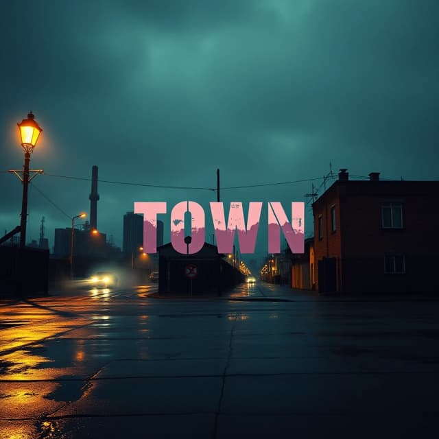 Album cover for a phonk track titled "Town", 1024x1024 pixels. Cinematic view of a menacing Eastern European or American industrial city skyline at 3 AM under heavy rain. A single old-fashioned streetlamp casts harsh pools of warm yellow light on the empty intersection. Thick mist rises from the sewers. In the center of the composition, integrated into the environment like a hologram or spray-painted ghost on a brick wall, is the title "TOWN" in distorted retro cyberpunk font. Gritty lo-fi texture, heavy film grain, VHS scanlines, chromatic aberration, high contrast cinematic lighting, cold shadows — ar 1:1 — style raw
