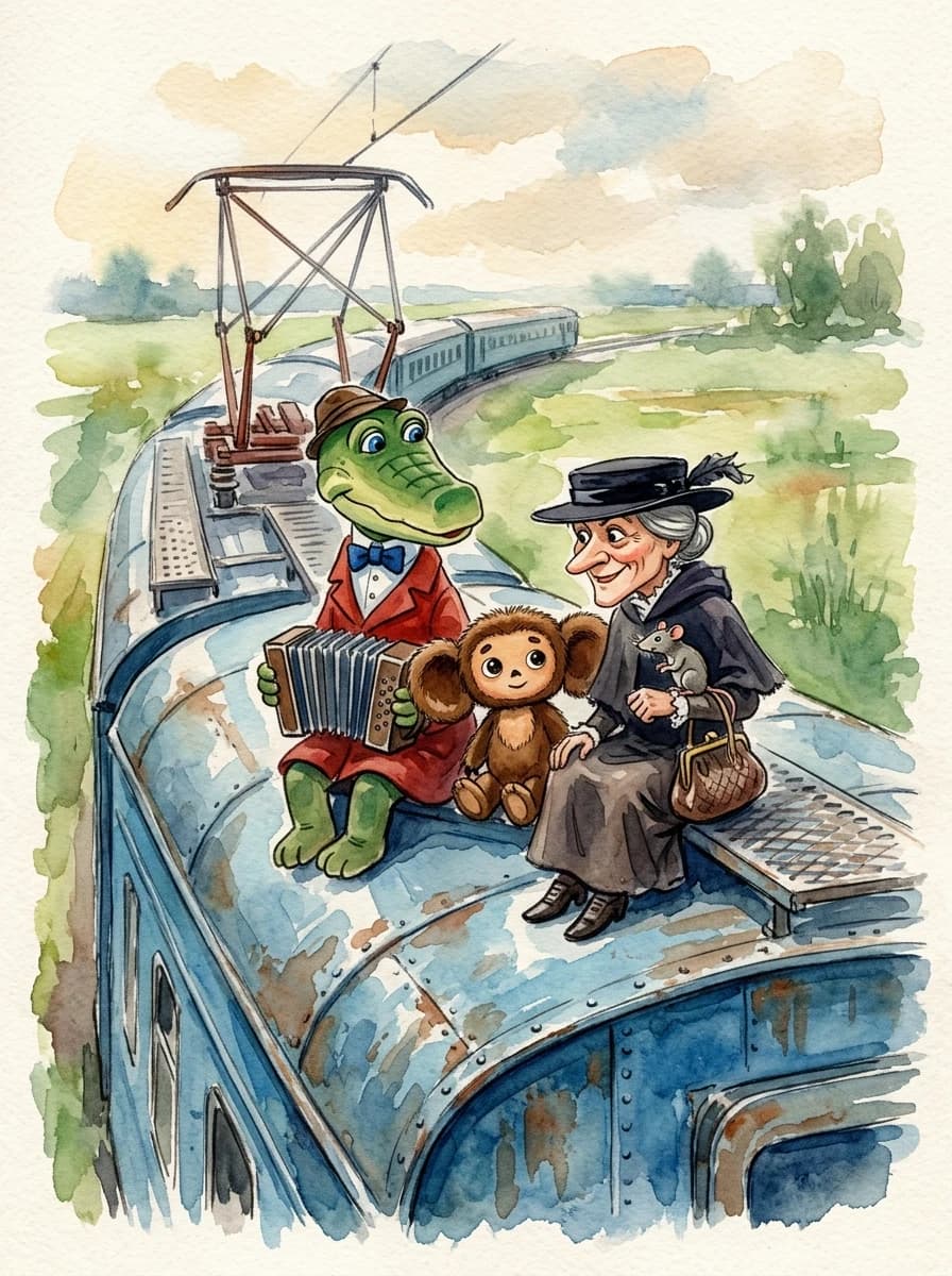 A real masterpiece. How artificial intelligence would depict: (Aesthetics: Impressionism. The image is made in watercolor technique. Soviet children's illustration. Cheburashka, crocodile Gena and old woman Shapoklyak are sitting on the roof of the blue carriage). Intense close-up. High resolution. High quality. Increased attention to small details. Hyperrealistic style of surrealism, impressionism, fabulous book graphics. Increased attention to the smallest details and texture. The author is Eduard Uspensky.