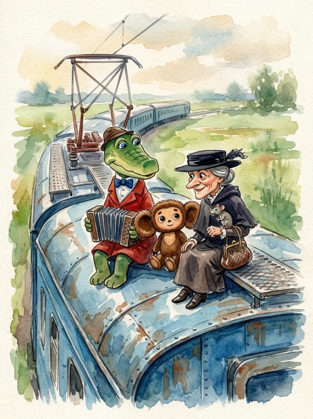 A real masterpiece. How artificial intelligence would depict: (Aesthetics: Impressionism. The image is made in watercolor technique. Soviet children's illustration. Cheburashka, crocodile Gena and old woman Shapoklyak are sitting on the roof of the blue carriage). Intense close-up. High resolution. High quality. Increased attention to small details. Hyperrealistic style of surrealism, impressionism, fabulous book graphics. Increased attention to the smallest details and texture. The author is Eduard Uspensky.