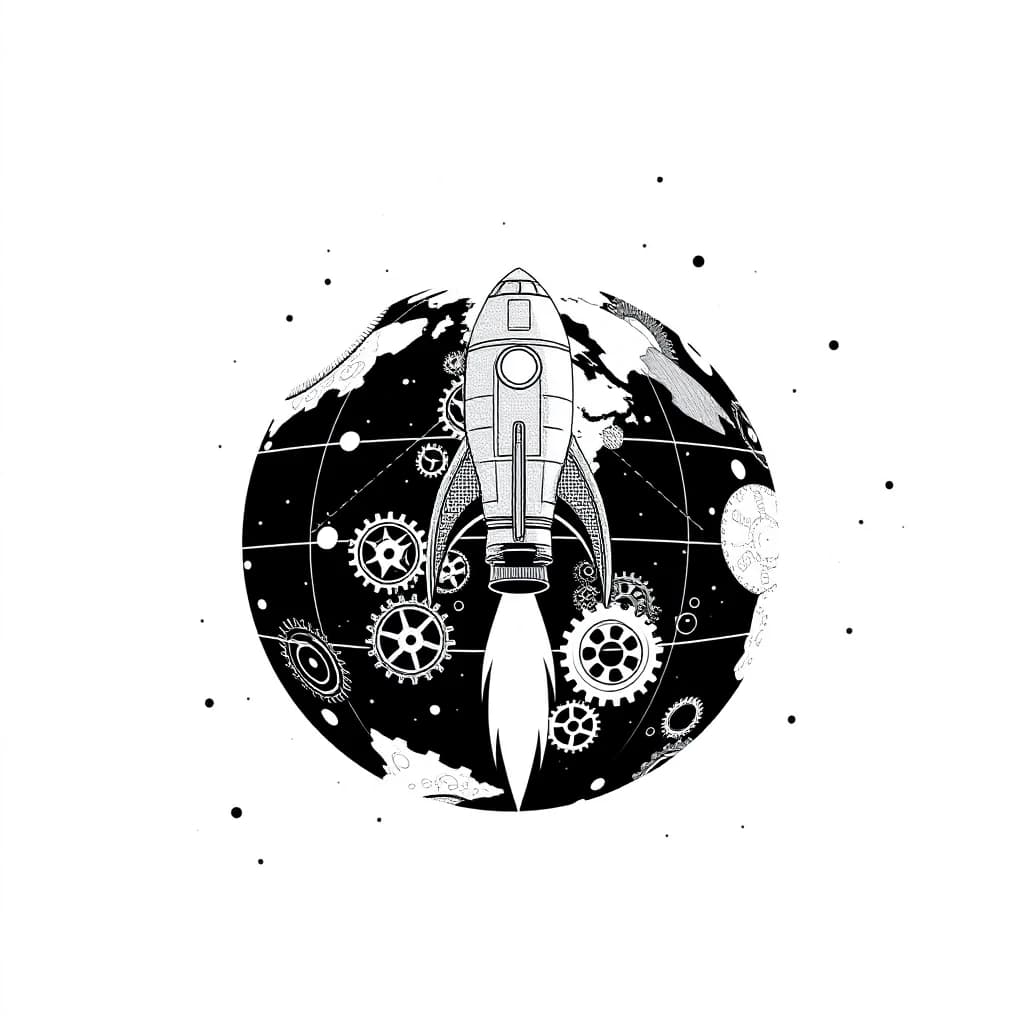черно-белая картинка. фон абстрактный: космос, земля сделана из шестеренок, космическая ракета в виде чертежа нарисована на этом фоне