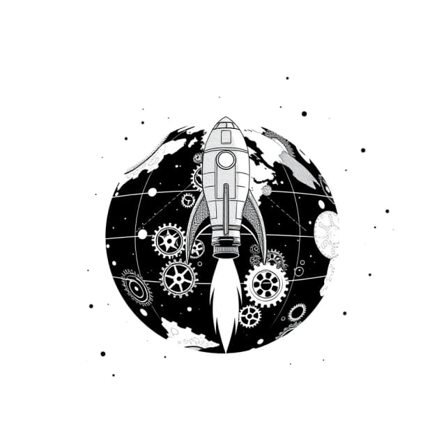 черно-белая картинка. фон абстрактный: космос, земля сделана из шестеренок, космическая ракета в виде чертежа нарисована на этом фоне