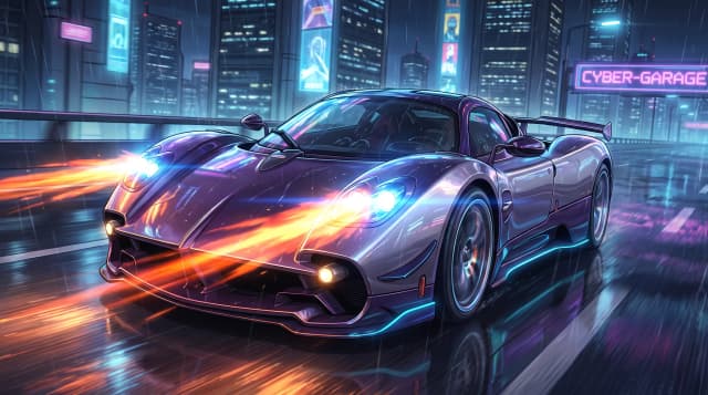 Pagani Utopia, едет по дороге, эпичный ракурс, горящие фары, шедевр, крупный план, стиль аниме с реалистичными деталями, киберпанк,