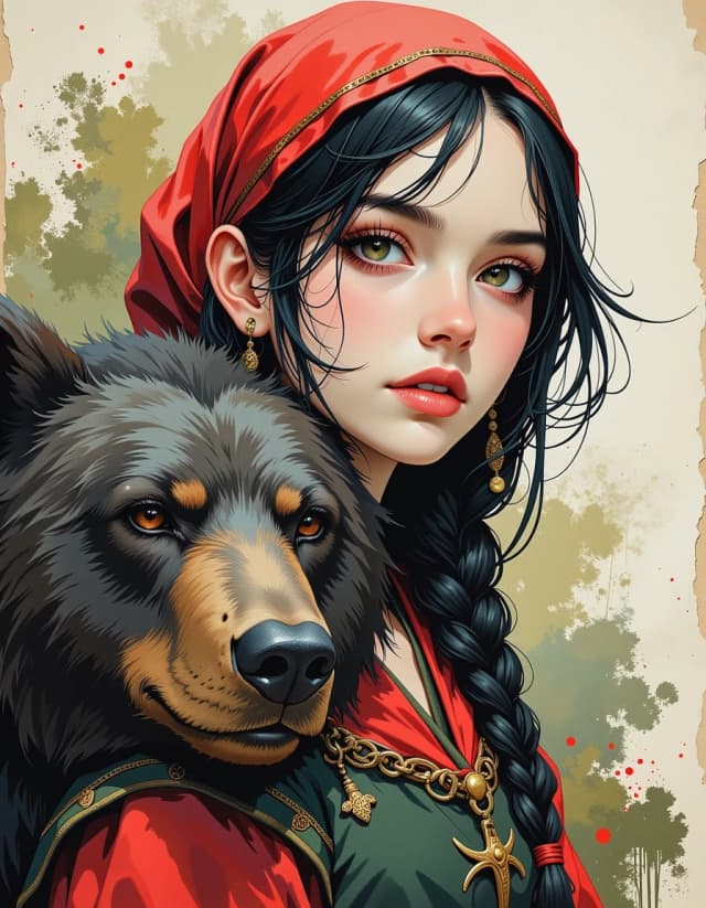 A masterpiece,  in the style of the 1980s, with bold lines, dynamic strokes and rich textures, on background with a touch of nostalgia, perhaps with subtle drawings inspired by cellulose and vintage, worn textures similar to paper,oil painting, watercolor, acrylic, random pose character from a Russian fairy tale. a white woman with a long dark braid and a red scarf on her head. and a good bear. Realistic. Magical atmosphere, witch background, Russian style, Middle Ages, dark fantasy, oil watercolor, brush strokes, illustrations from the book.