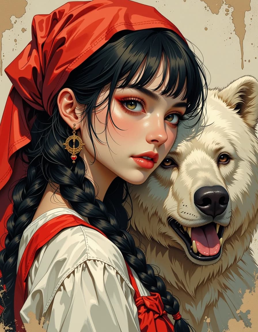 A masterpiece,  in the style of the 1980s, with bold lines, dynamic strokes and rich textures, on background with a touch of nostalgia, perhaps with subtle drawings inspired by cellulose and vintage, worn textures similar to paper,oil painting, watercolor, acrylic, random pose character from a Russian fairy tale. a white woman with a long dark braid and a red scarf on her head. and a good bear. Realistic. Magical atmosphere, witch background, Russian style, Middle Ages, dark fantasy, oil watercolor, brush strokes, illustrations from the book.