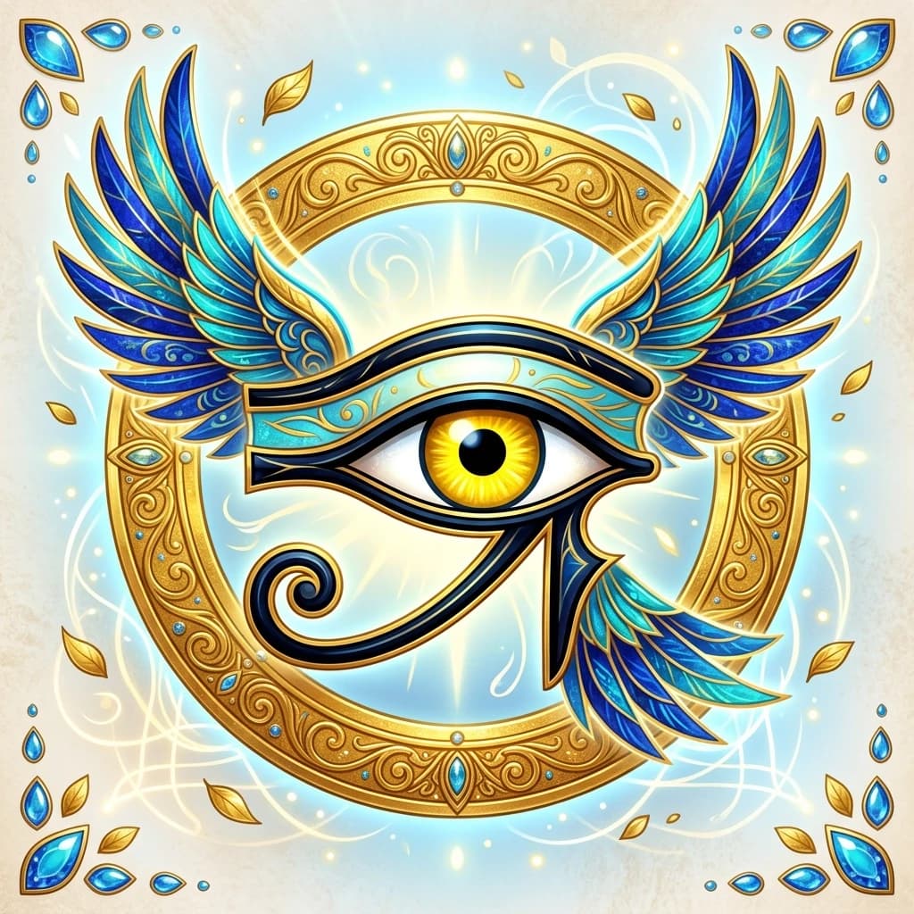 This is a bright and dynamic image made using digital graphics technology. It is a stylized eye of Horus enclosed in a golden circle. Design elements:The central element: The eye is made in the Egyptian style with characteristic black lines and a curl. His iris is colored yellow, and his pupil is black. Environment: The golden circle symbolizes the sun and protection. The wings of the bird, made in blue and gold shades, add dynamics and lightness to the composition. Decorations: Small golden leaves with blue drops are arranged in the corners, enhancing the decorative effect.
The color scheme:golden.The basic tone of the circle and wings, giving luxury and grandeur. Light blue and blue: Feathers and water droplets, creating a cool and airy contrast. White and beige: The background emphasizes the purity and clarity of the image.This work combines ancient symbols with modern motifs of nature, making it both mysterious and harmonious.