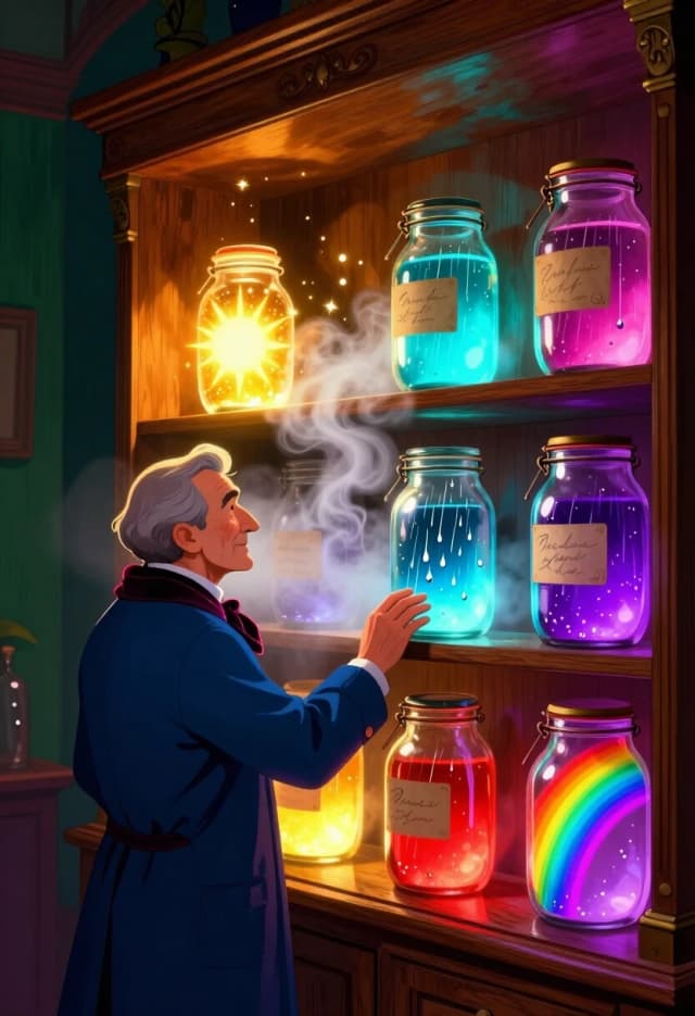 Prompt для SeaArt (Z Image Turbo):
Richly saturated illustration in a magical realism style, 8K. A weather collector — an older man with a kind, focused face, wearing a deep indigo coat and a velvet cravat — stands before towering wooden shelves packed with glass jars. His posture is gentle and reverent, as if he’s tending to something precious.

Each jar holds a distinct weather type: a jar of sunlight glows with warm, honey-gold light and tiny floating sparkles; a jar of fog emits a soft, pearlescent mist that curls out slightly; a jar of rain contains falling droplets frozen mid-fall, with silver streaks and tiny ripples; a jar of rainbow shimmers with prismatic colors and internal refractions. The glow from the jars is powerful and almost alive: it illuminates the shelves with saturated amber and magenta halos, casting dramatic shadows and creating a halo effect around the collector.

Add glowing motes and tiny floating particles that react to the light from the jars, enhancing the magical atmosphere. The shelves are made of dark, polished wood with brass brackets; the jars have thick glass, metal clasps, and handwritten labels with calligraphy.

Background is slightly darker to emphasize the glow: deep forest green and navy walls, with subtle decorative molding. The color palette is intentionally vibrant and contrasted: the jars’ contents are at maximum saturation (bright cyan for fog, electric yellow for sun, deep violet and red for the rainbow), while the room remains rich and deep, letting the weather glow pop.

Focus on emotional warmth and wonder; the scene should feel like a secret, cherished collection. High detail on glass facets, liquid textures, wood grain, fabric folds, and calligraphy. Slight stylization is welcome, but keep shapes crisp and readable.

Если скажешь, какой из двух вариантов тебе ближе (или хочешь смесь), могу подкрутить детали: например, добавить больше дождя, сделать акцент на радуге или сменить образ коллекционера.