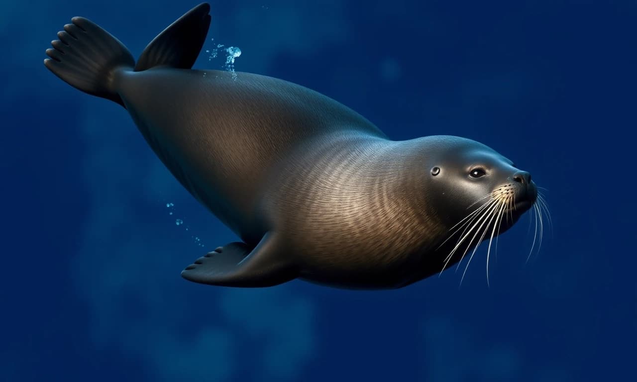 Мне нужно воссоздать японского морского льва (на латинском Zalophus japonicus). Этот японский морской лев, обитавший в Японском море, вымер к 1950-м годам из-за охоты на него и загрязнения окружающей среды.Японские морские львы были крупными животными, но, как и у многих ластоногих, самцы были значительно крупнее самок.
Самцы: Длина тела достигала примерно 2,5–3 метров, вес мог превышать 500 кг.
Самки: Были меньше, около 1,5–2 метров в длину и весом до 300 кг.
Имели типичное для ушастых тюленей обтекаемое мускулистое тело, хорошо приспособленное для плавания. Голова относительно крупная, с хорошо выраженной шеей.
Морда: Удлинённая, слегка сужающаяся к носу.
Ноздри: Расположены на конце морды, овальной формы.
Губы: Толстые, мясистые, с чувствительными вибриссами (усами).
Вибриссы (усы): Очень длинные, густые, беловатые или светло-серые.
Глаза: Крупные, тёмные, расположены по бокам головы. 
Ушные раковины: Ярко выраженные маленькие наружные ушные раковины (отличительная черта ушастых тюленей), которые они могли загибать внутрь при погружении.
Череп: Отличался от черепа калифорнийского морского льва, имел свои специфические черты, которые использовались систематиками для его идентификации (например, форма черепа, зубы).
Основной цвет: Шерсть была преимущественно темно-коричневого или серовато-коричневого цвета. 
Изобразить  как плавает тюлень в воде в полный рост, добавь фон - чистая красивая синяя вода океана