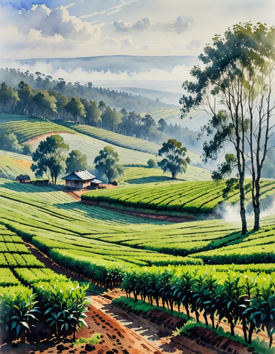 A masterpiece. Create an image. The style is watercolor painting. ((tea plantations in the morning haze:1.6)). High resolution, high detail and clear texture. Close-up. High quality. Increased attention to small details. The aspect ratio is 3:4. The artist is Levitan.