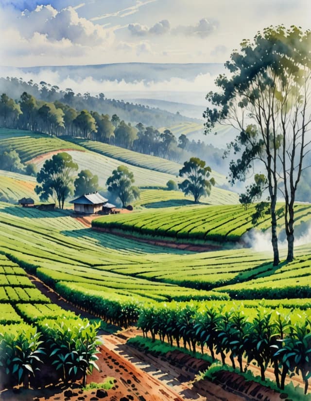 A masterpiece. Create an image. The style is watercolor painting. ((tea plantations in the morning haze:1.6)). High resolution, high detail and clear texture. Close-up. High quality. Increased attention to small details. The aspect ratio is 3:4. The artist is Levitan.
