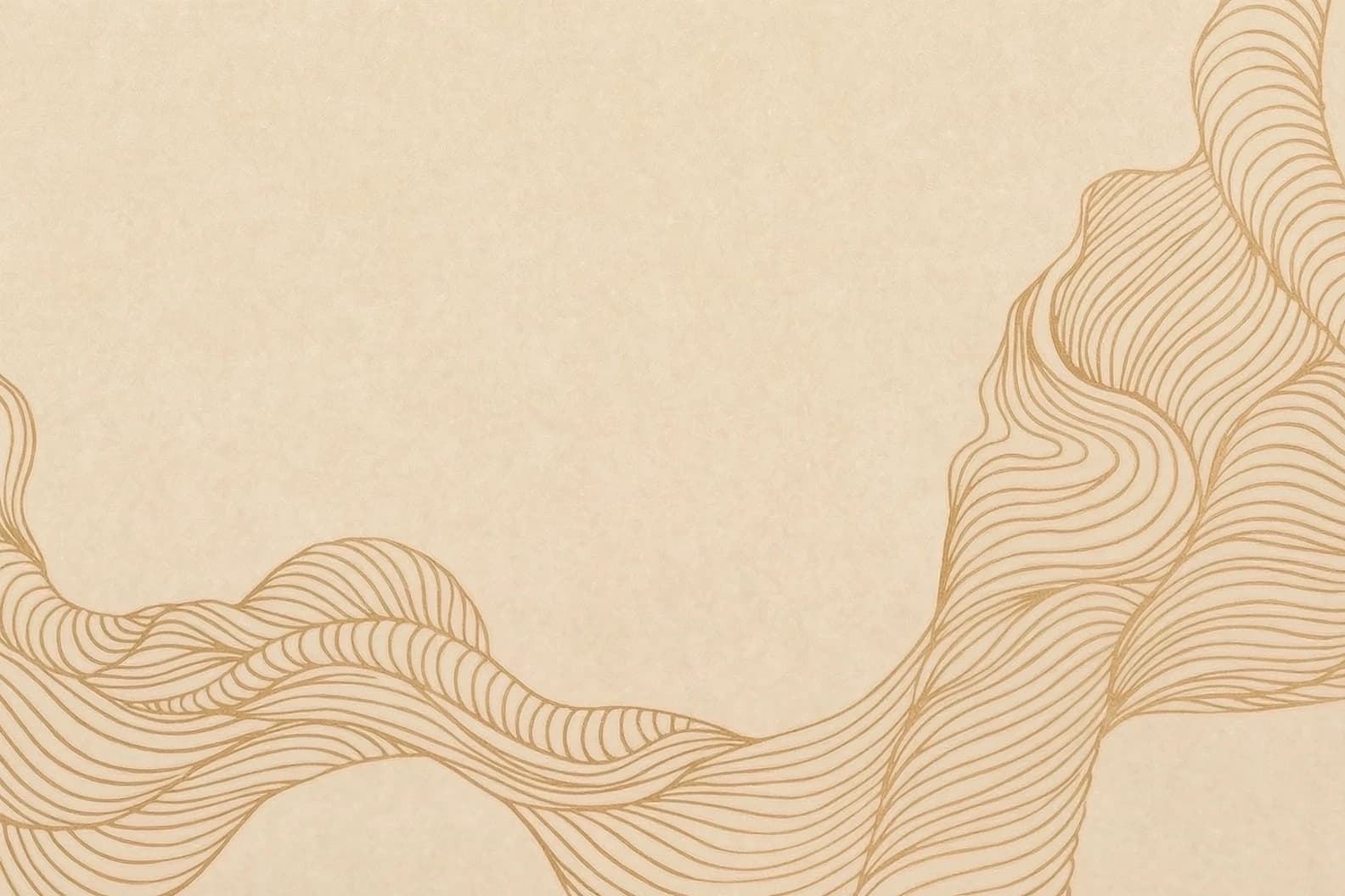 redraw and enhance the image. Adjust the lines—which form neat, graceful, wave-like shapes—to create unique new patterns, while preserving the drawing's original character, volume, and direction; ensure it remains recognizable yet avoids the appearance of a mere copy. Transform this image into something unique.
An abstract, minimalist composition featuring flowing, organic line art that undulates across a textured, warm-toned background. The subject consists of delicate, continuous contour lines that mimic the rhythmic patterns of topographic maps, swirling water currents, or the grain of polished wood. These thin, elegant lines sweep in from the bottom and right edges of the frame, creating a sense of fluid, sweeping movement that frames a large, empty central space. The art style is a clean, modern graphic design characterized by fine-line minimalism and a serene, meditative atmosphere, perfect for a high-end stationery or contemporary wallpaper aesthetic.