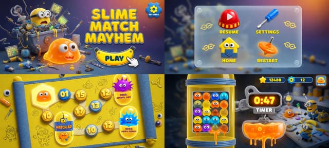 Полный профессиональный набор инструментов UI / UX для мобильной игрытри в ряд, вдохновленный хаотичной и игривой эстетикой minions. Визуальный язык определяется высоким качеством 3D-рендеринга, благодаря округлым органичным формам, гипер-глянцевым текстурам и яркой цветовой палитре солнечно-желтого и джинсово-синего цветов.

В комплект входит:
1. ** Экран главного меню: ** Динамичный, высокоточный 3D-изометрический вид захламленной лаборатории миньонов. На сцене представлены светящиеся  оранжевый глазастый слайм, металлические гаджеты и миниатюрные планшетные компьютеры. Название игры выполнено объемной графикой в стиле пластилина с полированными металлическими вставками. Освещение кинематографично, с мягким рассеянным светом и яркими зеркальными бликами.
Кнопка играть, верху углу справа кнопка настройка. 
2. ** Меню паузы: ** Изысканное покрытие из матового стекла (glassmorphism) с мягкой, размытой прозрачностью и сильно закругленными углами. Значки для воспроизведения, настроек, "Домой" и "Перезапуск" выполнены в виде тактильных, глянцевых кнопок, напоминающих игрушки, с блестящим покрытием.
3. ** Карта выбора уровня: ** Карта с огромными интерактивным плитками с номераци, также закрытые уровни с разблокировки с помощью рекламы, босс слайм выполненными в виде светящихся желтых капсул разные под каждого слайма.
4. ** Элементы интерфейса игры: ** Красивый фон, Само игровое поле виде вертикальный  капсула или контейнер с винтем под ним таймер   под ним отделения с жидким оранжевый слаймом по истечении времени вытекает на игровое поле.