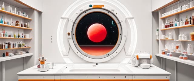 Космического кафе, фронтальный вид, минимализм. Изобразить иллюминатор с видом на космос и красную планету. Слева от иллюминатора полки с инопланетными напитками. Справа от иллюминатора меню. Полки и меню целиком попадают в кадр. Цветовая гамма белый с оранжевыми акцентами.
