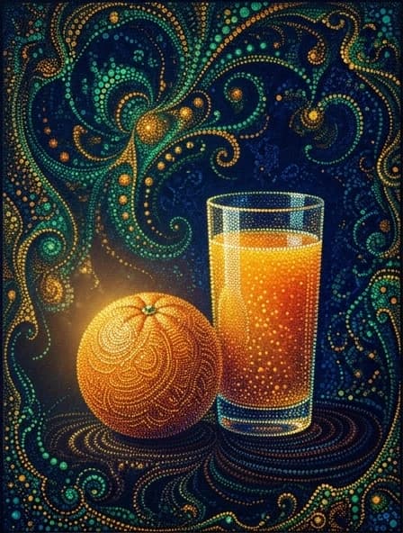 Digital Pointillism Image. A glass of bright tropical juice and an orange created from carefully arranged coloured dots on a textured canvas:: (complex pattern: 1,4) of dots and drops:: (fractal pattern of dots: 1,4) and drops. Delicate drops of colour form the texture of orange peel. Dot textures of a complex fractal background form an abstraction (ornate frame: 1,4). A harmonious combination of impressionism and pointillism. An atmosphere of strangeness and surrealism. Soft warm golden light, bright shades of emerald and amber. Emerald green and sunny orange colours on a rich, velvety dark blue background create a sense of unusual modern craftsmanship and style.