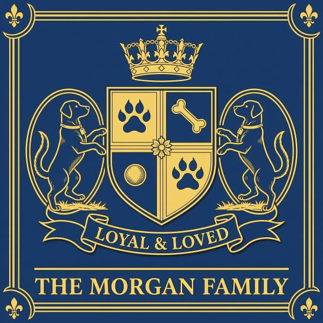 Design an elegant heraldic family crest in classic coat-of-arms style,
featuring a loyal pet dog as a heraldic supporter standing on its hind
legs beside a shield (in the traditional position where lions or
unicorns usually stand). The shield contains a paw print charge and a
small bone or ball as secondary heraldic elements. Above the shield, a
crown or simple coronet. Below, a ribbon banner reading "LOYAL & LOVED"
in elegant Latin-style lettering. Color palette: deep navy blue and
gold, fine linework, engraved illustration style, symmetrical
composition. Below the crest, add the text "THE MORGAN FAMILY" in
serif capital letters. Background: solid dark navy or transparent.
Portrait orientation, clean vector-like illustration suitable for
printing.