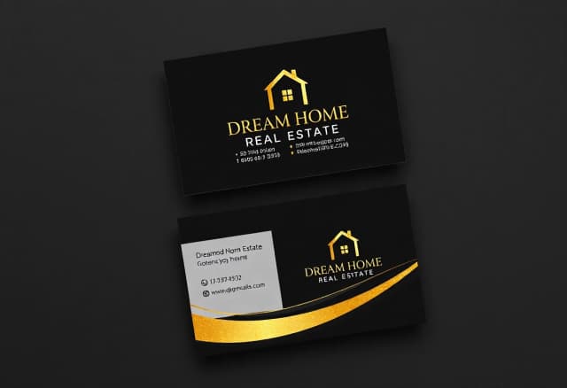 визитная карточка, логотип Dream Home REAL ESTATE со стилизованной золотой иконкой дома, черный фон, золотые плавные линии и блестки, вид сверху".