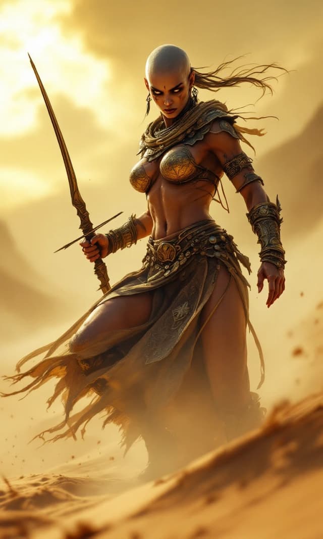 In full height! Evil fierce female warrior-slaver from a warlike desert tribe, bald woman with weathered skin and intense gaze, wearing primitive hand-forged bronze armor with ornate engravings and patina, wielding a heavy bow, captured in a dynamic combat stance, mid-action movement. Background of a vast, scorching sun-drenched desert with swirling sand dunes and heat haze. Lighting: dramatic golden hour sunlight, high contrast, harsh shadows, rim lighting highlighting the muscles and metallic texture. Composition: low angle shot, heroic scale, shallow depth of field with blurred desert horizon. Artistic medium: epic fantasy concept art, highly detailed textures of scratched metal and gritty sand, 8k resolution, volumetric dust particles, intense and primal atmosphere. In full height! Half turned!