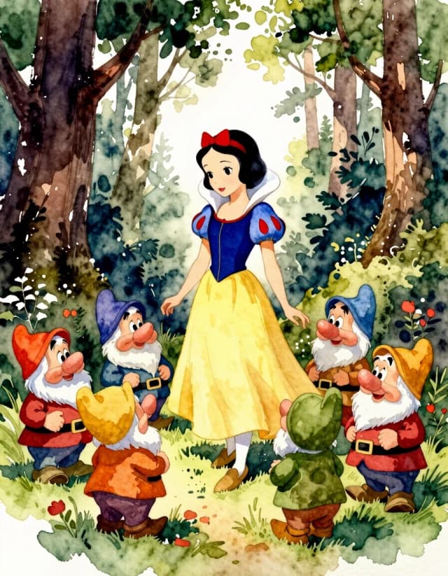 A masterpiece. Creating an image. The style is watercolor painting. Delicate watercolor on raw material.((Snow White and the seven dwarfs, against the background of a fantastic forest, on a sunny beautiful day:1.6)). High resolution. High detail and clear texture. Close-up. High quality. Increased attention to small details. The aspect ratio is 3:4. The artists are Levitan, Shishkin.